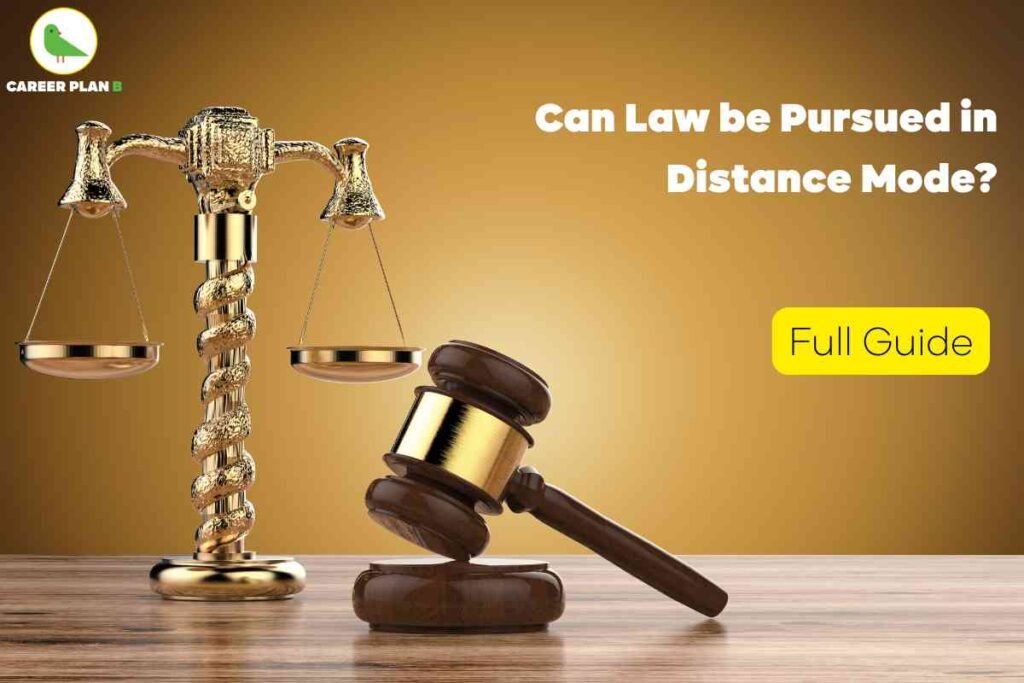 "Can law be pursued in distance mode full guide with golden justice scale and judge gavel on wooden table"