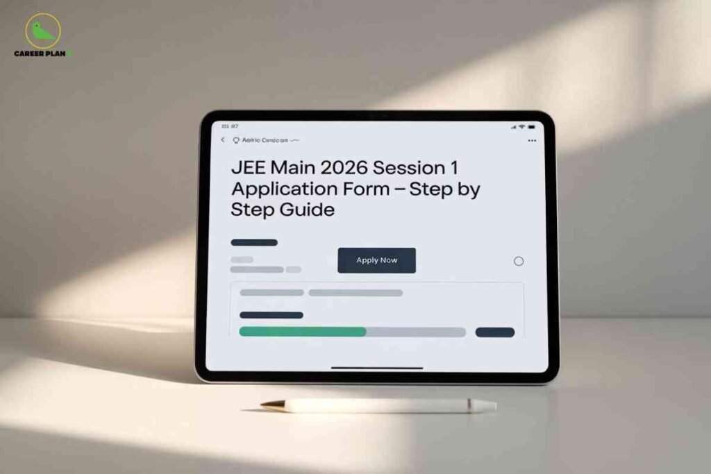 This image shows a digital tablet placed upright on a white surface, with a stylus laying horizontally in front of it. Displayed on the tablet screen is a web page titled “JEE Main 2026 Session 1 Application Form – Step by Step Guide.” The screen features a prominent “Apply Now” button and graphical elements representing the form-filling process, such as progress bars and blurred text sections. In the upper left corner of the image, the "CAREER PLAN B" logo—a green bird inside a yellow circle—is visible. The overall layout conveys guidance for students on how to complete the JEE Main 2026 application form step by step using an online device.