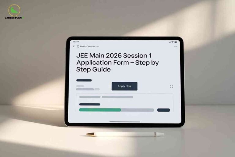This image shows a digital tablet placed upright on a white surface, with a stylus laying horizontally in front of it. Displayed on the tablet screen is a web page titled “JEE Main 2026 Session 1 Application Form – Step by Step Guide.” The screen features a prominent “Apply Now” button and graphical elements representing the form-filling process, such as progress bars and blurred text sections. In the upper left corner of the image, the "CAREER PLAN B" logo—a green bird inside a yellow circle—is visible. The overall layout conveys guidance for students on how to complete the JEE Main 2026 application form step by step using an online device.