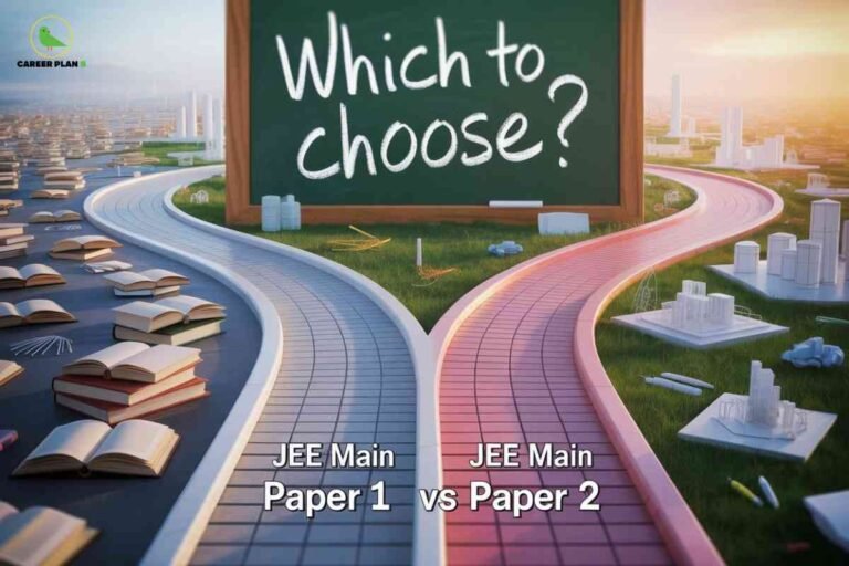 This image portrays two diverging pathways—one paved in blue and the other in pink—each leading toward distant cityscapes and miniature models. The blue path on the left is scattered with open books, pencils, and study materials, while the pink path on the right features architectural models and drawing tools. At the center background, a large chalkboard stands on grass, bearing the hand-written question “Which to choose?” Above the pathways, labels read “JEE Main Paper 1” and “JEE Main Paper 2,” emphasizing a choice between the two options. The "CAREER PLAN B" logo—a green bird inside a yellow circle—appears in the upper left corner. The overall scene vividly symbolizes the decision students must make between JEE Main Paper 1 and Paper 2, each path representing different subjects and career aspirations.