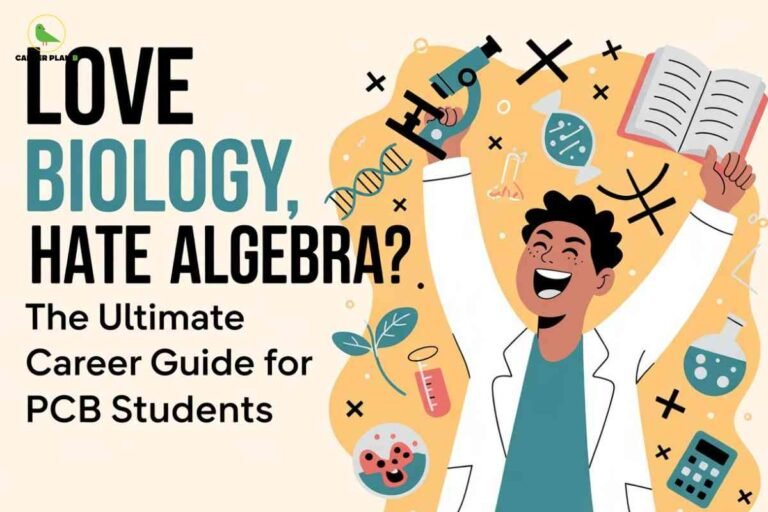This image features a pastel background with bold text on the left stating: “LOVE BIOLOGY, HATE ALGEBRA? The Ultimate Career Guide for PCB Students.” At the top left is the "CAREER PLAN B" logo—a green bird inside a yellow circle. On the right side stands an illustrated figure wearing a white lab coat, holding a blue microscope in one hand and an open book in the other, surrounded by science and biology-themed icons such as a DNA strand, calculator, laboratory flask, leaf, test tube, and various mathematical symbols. The overall theme emphasizes career guidance for students interested in biology over algebra, specifically those pursuing physics, chemistry, and biology (PCB) streams.