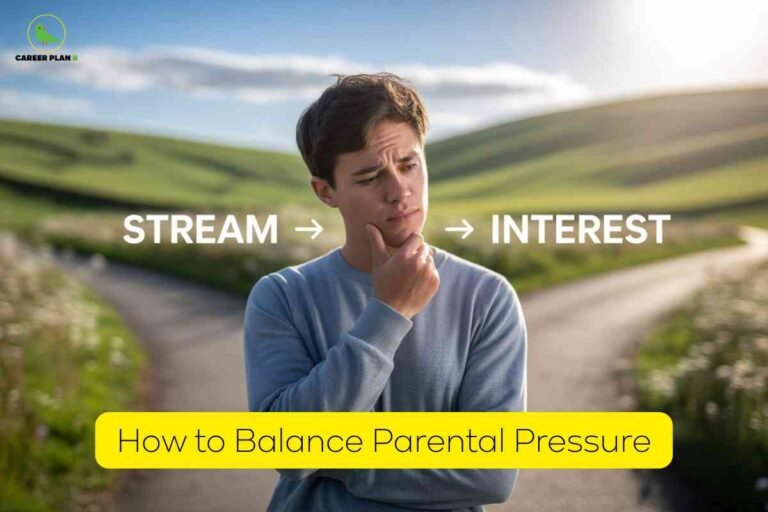 This image features a young person standing outdoors at the fork of two country roads, set against a backdrop of green hills under a bright sky. The person is wearing a light blue sweater and is posed in a thoughtful manner, with one hand resting on the chin. Across the center of the image, white text reads: “STREAM → → INTEREST,” symbolizing the transition from academic stream selection to personal interest. The "CAREER PLAN B" logo—a green bird inside a yellow circle—appears in the upper left corner. At the bottom, a yellow banner contains bold black text that states: “How to Balance Parental Pressure.” The overall composition represents decision-making for students about choosing academic streams while managing parental expectations.