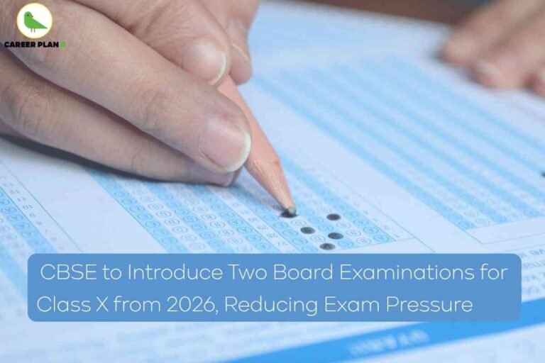 Informative visual about the upcoming CBSE Class 10 board exam changes from 2026. The background shows a close-up of a student's hand using a pencil to fill answers on a blue-colored OMR exam sheet, representing standardized exam procedures. A soft blue overlay at the bottom features bold white text: “CBSE to Introduce Two Board Examinations for Class X from 2026, Reducing Exam Pressure.” The design clearly communicates that from 2026 onwards, students will have two board exams options annually, aimed at lowering exam stress and giving them an opportunity to improve scores within the same academic year. The top left includes the Career Plan B logo—a green bird inside a white circle and the brand name. The overall composition focuses on the education reform theme, exam flexibility, and student support, with no reference to personal appearance or facial features. Related What are the key advantages of CBSE's two-exam system for Class 10 from 2026 How will the better score be chosen if a student takes both exams Which subjects qualify for improvement in the May session How will internal assessments be synchronized across both attempts What special provisions exist for sportspersons and winter-bound schools