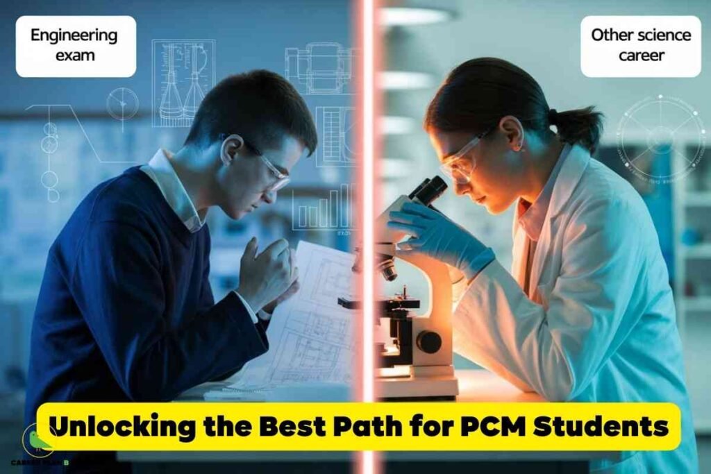 This image is split vertically into two contrasting halves. The left half shows a student intensely studying engineering diagrams, with digital overlays of scientific formulas and a text bubble labeled “Engineering exam.” The right half depicts a student in a white lab coat and blue gloves, examining samples under a microscope, with futuristic graphic overlays and the label “Other science career.” At the bottom left, the "CAREER PLAN B" logo—a green bird inside a yellow circle—is visible. The bottom center features a bold yellow banner with black text stating: “Unlocking the Best Path for PCM Students.” The visual represents a decision-making process for Physics, Chemistry, and Mathematics (PCM) students, illustrating choices between engineering and other scientific career paths.