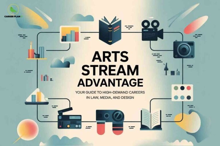 This image displays a colorful, stylized background filled with artistic icons representing various career paths in the arts stream, such as books, charts, a film camera, a regular camera, art supplies, and a radio. At the top left, the "CAREER PLAN B" logo, featuring a green bird inside a yellow circle, is present. Central bold black text reads: “ARTS STREAM ADVANTAGE,” and underneath is the subtitle: “Your guide to high-demand careers in law, media, and design.” The interconnected artwork and icons visually emphasize potential career opportunities available to arts stream students in fields like law, media, and creative design.