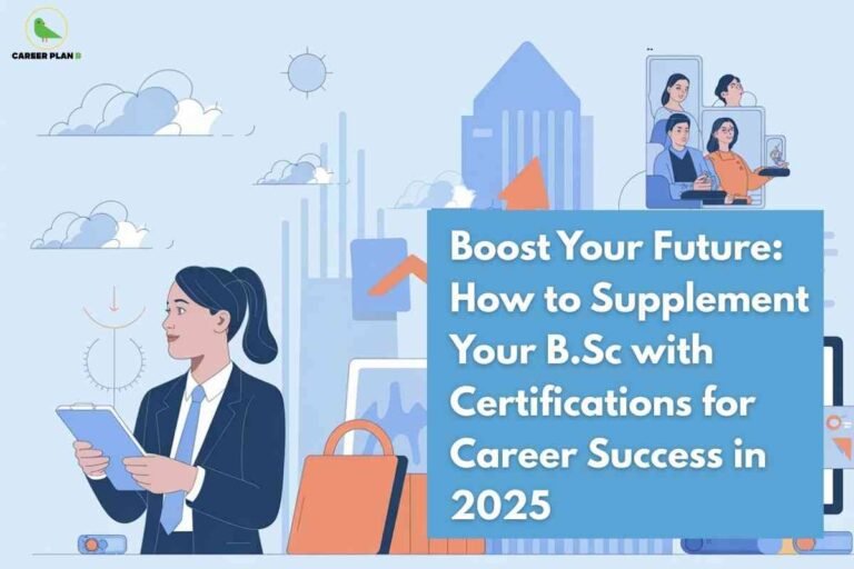 This image features an illustrated professional dressed in a suit, holding a clipboard, set against a cityscape background with tall buildings, clouds, and sun icons. In the upper left corner is the "CAREER PLAN B" logo—a green bird inside a yellow circle. To the right, a blue rectangle contains bold white text: “Boost Your Future: How to Supplement Your B.Sc with Certifications for Career Success in 2025.” In the upper right, additional figures are depicted interacting with digital devices and documents, symbolizing professional growth and networking. The composition is tailored to convey strategies for B.Sc graduates on enhancing career prospects through supplementary certifications.