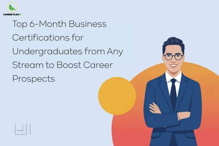 This image features an illustrated student dressed in a green blazer, white shirt, and red tie, wearing a graduation cap and using a laptop. The background is split into blue and orange sections, with the left side showing a bar graph symbolizing academic progress and the right side adorned with graduation and education-related icons such as mortarboards, medical symbols, and tags. The "CAREER PLAN B" logo—a green bird inside a yellow circle—appears in the upper left corner. Across the bottom, a prominent yellow banner displays bold red text: “Bridging Academic Gaps: How Short Online Courses Revive Your Career Path.” The visual theme emphasizes how brief online courses can help students overcome academic gaps and enhance their career trajectory.