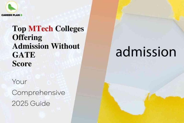 Informative banner about the top MTech colleges in India offering admission without a GATE score for 2025, created by Career Plan B. The top left features the Career Plan B logo—a green bird and brand name. Centered on the left in bold black and red text is the headline: “Top MTech Colleges Offering Admission Without GATE Score — Your Comprehensive 2025 Guide.” The right side of the image displays the word “admission” in large black font over a yellow and white paper background, visually emphasizing the idea of alternative entry routes. The overall design uses overlapping diagonal color blocks for a modern look and conveys key information about MTech programs, focusing on non-GATE entrance opportunities in 2025, without referencing any faces or physical attributes.