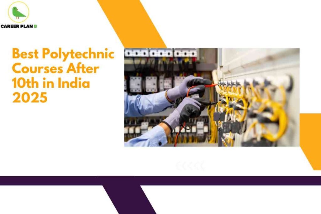 Informative educational graphic for “Best Polytechnic Courses After 10th in India 2025,” created by Career Plan B. The upper left features the Career Plan B logo—a green bird inside a yellow circle and brand name. Bold orange headline text states: “Best Polytechnic Courses After 10th in India 2025,” emphasizing the topic for students seeking career-oriented diploma programs. On the right, an inset photo shows a technician in grey protective gloves working with multimeter probes and yellow wiring in an electrical control panel—symbolizing hands-on technical training. The design uses geometric orange and purple accents to frame the key information and technical image, promoting the concept of skill-based, future-ready education in engineering, IT, and vocational fields. The overall composition communicates guidance and opportunity for students choosing polytechnic diploma courses after 10th, focusing on high-demand technical streams without referencing any facial features.