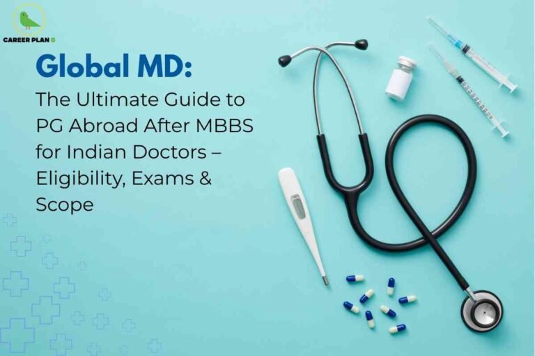 The image features a medical-themed layout on a light blue background. In the upper left corner, bold text reads: "Global MD: The Ultimate Guide to PG Abroad After MBBS for Indian Doctors – Eligibility, Exams & Scope." On the right, a stethoscope, thermometer, pills, a vial, and two syringes are neatly arranged, symbolizing medical practice and postgraduate studies. The Career Plan B logo with a green bird inside a yellow circle appears at the top left. This visual highlights information and guidance for Indian MBBS graduates exploring opportunities for postgraduate medical education abroad, including requirements, qualifying exams, and career prospects.
