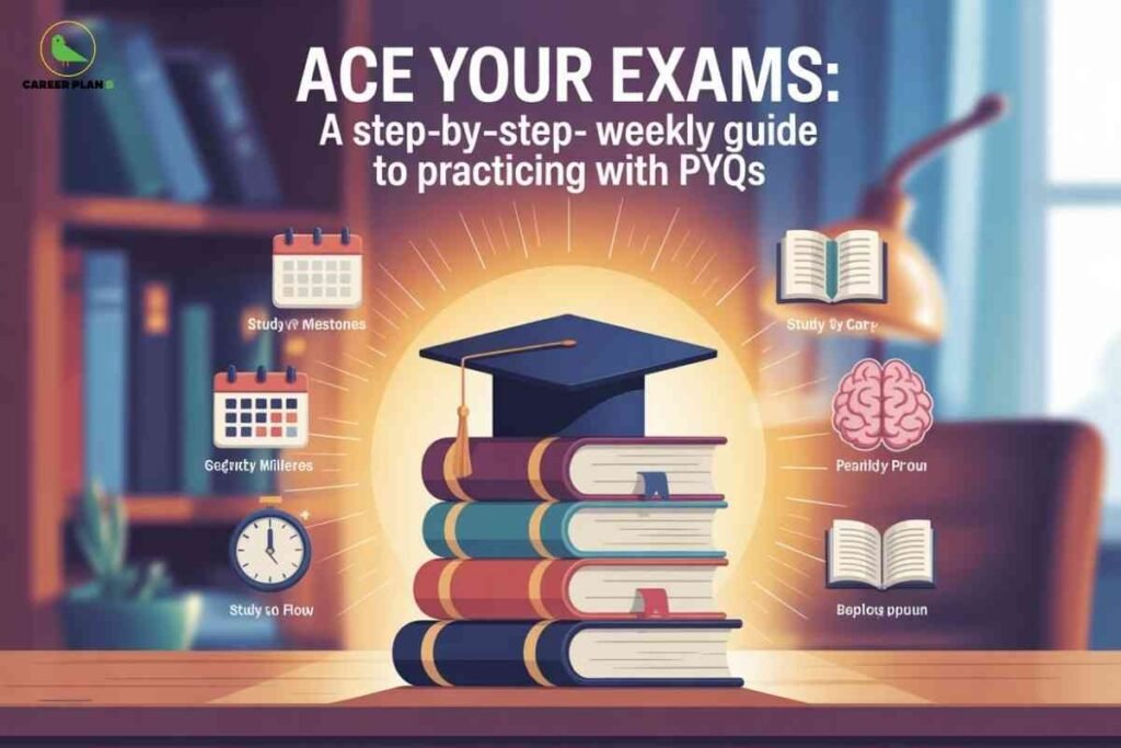 This image features an illustrated stack of books on a desktop, topped with a graduation cap glowing with a radiant halo effect. Surrounding the books are icons symbolizing different study strategies: two calendars, a clock, a brain, and two open books, each labeled with guides such as “Study by Milestones,” “Study by Carry,” “Penalty Proun,” “Study to Flow,” and “Bepilog ppoun.” The background shows a softly focused library shelf and cozy study area. In the upper left corner, the "CAREER PLAN B" logo—a green bird inside a yellow circle—is visible. At the top center, bold white text reads: “ACE YOUR EXAMS: A step-by-step- weekly guide to practicing with PYQs.” The overall design highlights effective exam preparation using previous year questions (PYQs) and strategic weekly planning.