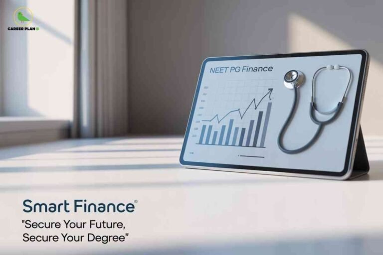 This image features a tablet propped up on a sunlit surface in a modern, softly lit room. On the tablet screen, a financial chart labeled “NEET PG Finance” is displayed, showing a rising trend, alongside a stethoscope representing medical education. The lower left corner contains the "CAREER PLAN B" logo—a green bird inside a yellow circle. Beneath the logo, dark blue text reads: “Smart Finance® ‘Secure Your Future, Secure Your Degree.’” The visual communicates the concept of financial planning and support for postgraduate medical studies, emphasizing the importance of securing funding for academic and professional success.