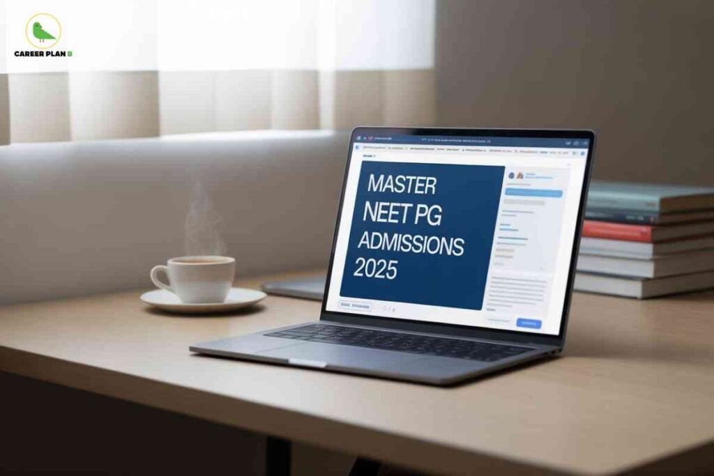 This image displays a quiet study setting with a laptop placed on a light wooden desk. The laptop screen prominently shows the text: “MASTER NEET PG ADMISSIONS 2025” in bold white letters against a dark blue background. Next to the laptop is a steaming cup of coffee on a saucer and a closed notebook, while a stack of books is visible in the background on the right. Soft natural light comes through a veiled window, creating a calm environment for focused study. The "CAREER PLAN B" logo—a green bird inside a yellow circle—is visible in the upper left corner. The composition conveys preparation and guidance for mastering NEET PG admissions in 2025.