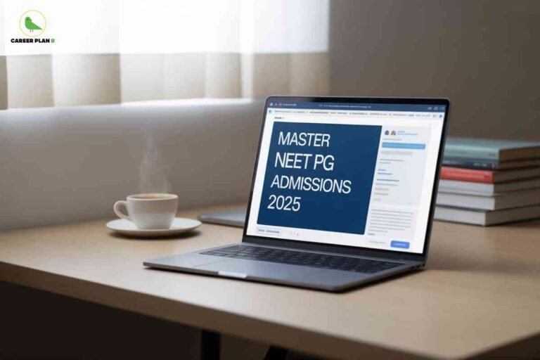 This image displays a quiet study setting with a laptop placed on a light wooden desk. The laptop screen prominently shows the text: “MASTER NEET PG ADMISSIONS 2025” in bold white letters against a dark blue background. Next to the laptop is a steaming cup of coffee on a saucer and a closed notebook, while a stack of books is visible in the background on the right. Soft natural light comes through a veiled window, creating a calm environment for focused study. The "CAREER PLAN B" logo—a green bird inside a yellow circle—is visible in the upper left corner. The composition conveys preparation and guidance for mastering NEET PG admissions in 2025.