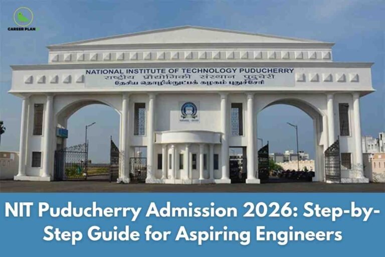 A crisp entrance view for NIT Puducherry Admission 2026, featuring the impressive white stone gateway of National Institute of Technology Puducherry with prominent campus signage in English, Hindi, and Tamil, tall pillars, iron gates, and a clear blue sky, paired with a blue text banner stating “Step-by-Step Guide for Aspiring Engineers,” naturally highlighting admission guidance and the welcoming campus environment for future engineering students.