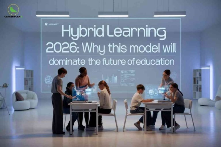 This image showcases a modern classroom illuminated by sleek ceiling lights, with students and instructors engaged around two sets of desks. They interact with transparent digital screens displaying futuristic data and educational content. On the back wall, large white text reads: “Hybrid Learning 2026: Why this model will dominate the future of education.” The scene is set in a spacious, minimalist room with bookshelves and soft seating, emphasizing technology-driven, collaborative learning. The "CAREER PLAN B" logo—a green bird inside a yellow circle—is visible in the upper left corner. The overall composition illustrates the prominence and innovative potential of hybrid learning models for the future of education.