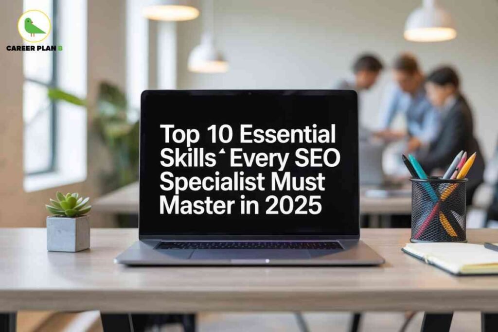 This image presents a modern office setting focused on the theme of **SEO skills for 2025**. At the center of the picture, a laptop is placed on a desk with its screen displaying the bold white text: *“Top 10 Essential Skills Every SEO Specialist Must Master in 2025.”* The background is blurred, showing a group of professionals in discussion, symbolizing teamwork and digital industry collaboration. On the desk, next to the laptop, there is a small green potted plant, a mesh pen holder containing colorful pencils, and an open notebook with a pen, giving the workspace an organized and productive look. In the top-left corner, the **Career Plan B** green bird logo is visible, indicating the source of the content. The overall design combines a professional workspace with clear, impactful text to highlight the importance of SEO expertise in the evolving digital landscape of 2025.