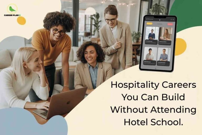 This image depicts a professional group setting with four individuals collaborating around a laptop in a modern, well-lit office environment with soft furnishings and plants. The "CAREER PLAN B" logo, featuring a green bird inside a yellow circle, is located in the upper left corner. To the right, a large tablet graphic displays various hospitality career options and profiles. At the bottom right, bold black text reads: “Hospitality Careers You Can Build Without Attending Hotel School.” The design emphasizes alternative pathways to successful careers in hospitality that do not require formal hotel school education.