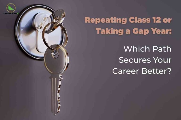 This image shows a metallic key inserted into a shiny lock against a solid background, symbolizing the concept of securing one's future. In the upper left corner, the "CAREER PLAN B" logo—a green bird inside a yellow circle—is visible. The right side of the image features bold text in copper and white: “Repeating Class 12 or Taking a Gap Year: Which Path Secures Your Career Better?” The overall visual emphasizes the decision between repeating class 12 or taking a gap year as pivotal steps for securing career prospects.