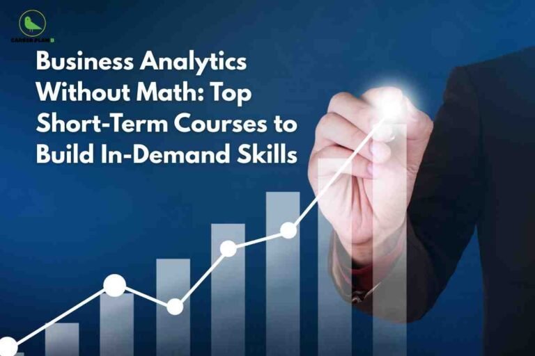 A dynamic learning and career advancement image for business analytics without math, featuring a person in professional attire drawing an upward-trending white line graph over bar charts on a dark blue gradient background, with bold headline text “Business Analytics Without Math: Top Short-Term Courses to Build In-Demand Skills,” visually highlighting the concept of acquiring business analytics skills and boosting career opportunities without the need for advanced math expertise.
