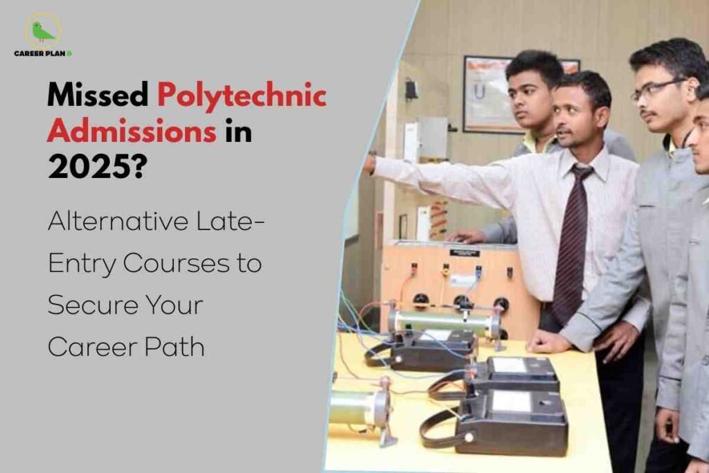 A practical classroom scene for late-entry polytechnic courses, featuring a group of students in formal attire engaged in a hands-on electrical lab activity with modern equipment, alongside bold text stating “Missed Polytechnic Admissions in 2025? Alternative Late-Entry Courses to Secure Your Career Path,” naturally highlighting the opportunity to pursue alternative technical courses and secure a strong academic and career future.