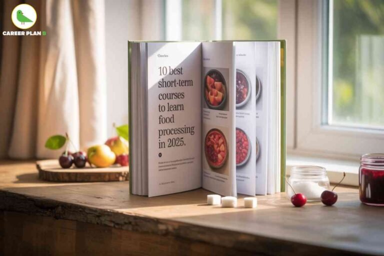 This image portrays a cozy and aesthetic setup featuring an open book placed on a wooden table by the window, illuminated by natural light. The book is opened to a page that highlights the title *“10 best short-term courses to learn food processing in 2025”*, suggesting it is an educational or informational guide related to food processing. The opposite page displays colorful images of preserved fruits and food items, emphasizing the theme of culinary learning and processing techniques. Surrounding the book are small decorative elements such as cherries, sugar cubes, jars, and fresh fruits, which add a natural and homely touch to the scene. In the background, soft curtains and greenery outside the window create a bright and refreshing atmosphere. The **Career Plan B** logo in the top left corner indicates the publisher or source. Overall, the image effectively combines elements of food, education, and lifestyle, making it visually appealing and informative for readers interested in food processing courses.
