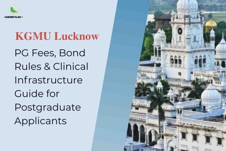 A detailed campus and information image for KGMU Lucknow PG 2025, featuring the iconic white architecture of King George’s Medical University, lush greenery, and clear skies, alongside bold text reading “KGMU Lucknow: PG Fees, Bond Rules & Clinical Infrastructure Guide for Postgraduate Applicants,” naturally highlighting essential details on fees, bonds, and clinical facilities for postgraduate medical aspirants.