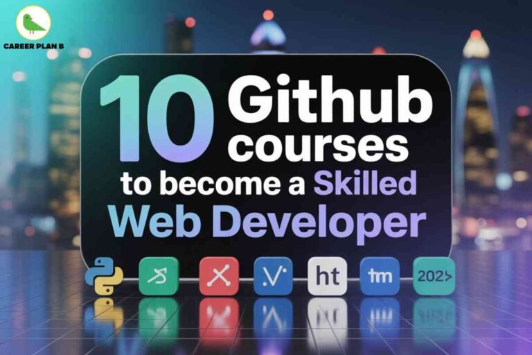 Promotional educational banner for web developers showcasing “10 GitHub courses to become a Skilled Web Developer” by Career Plan B. Centered is a dark rounded rectangle featuring bold gradient headline text: “10 GitHub courses to become a Skilled Web Developer,” with the word “Skilled” in purple for emphasis. The background is a modern cityscape at night with blurred skyscrapers and vibrant lights, evoking a sense of technology and urban innovation. The upper left corner displays the Career Plan B logo—a green bird icon and brand name. Along the bottom border, six colorful square icons represent programming languages and web technologies (Python, HTML, CSS, JavaScript, version control, and coding symbols), reflecting a range of subjects covered by the GitHub courses. All elements convey the theme of digital learning, coding skills, and professional growth for aspiring or experienced web developers, with no reference to any faces or personal attributes.