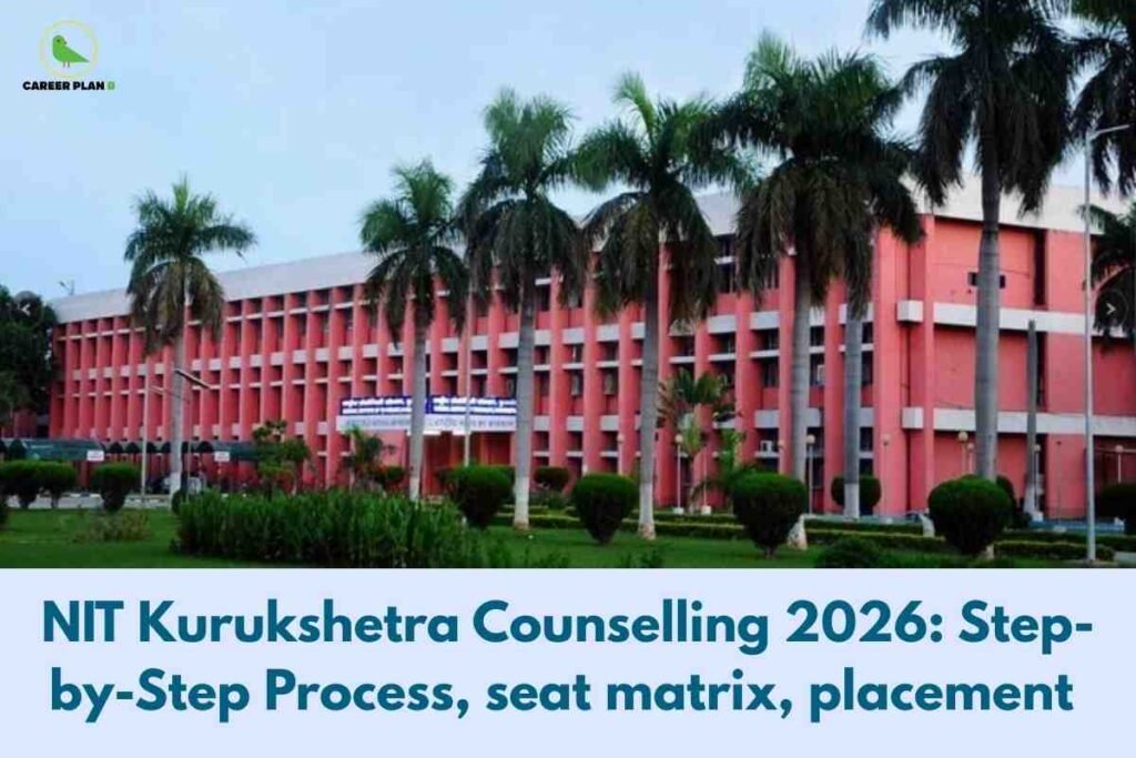 A vibrant campus view for NIT Kurukshetra Counselling 2026, featuring the prominent pink main academic building framed by tall palm trees and manicured green lawns, with bold text below stating “NIT Kurukshetra Counselling 2026: Step-by-Step Process, seat matrix, placement,” visually highlighting the welcoming campus atmosphere and the comprehensive coverage of the counselling, seat allocation, and placement process for 2026 admissions.