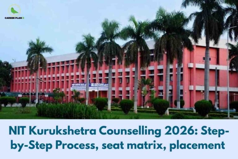 A vibrant campus view for NIT Kurukshetra Counselling 2026, featuring the prominent pink main academic building framed by tall palm trees and manicured green lawns, with bold text below stating “NIT Kurukshetra Counselling 2026: Step-by-Step Process, seat matrix, placement,” visually highlighting the welcoming campus atmosphere and the comprehensive coverage of the counselling, seat allocation, and placement process for 2026 admissions.