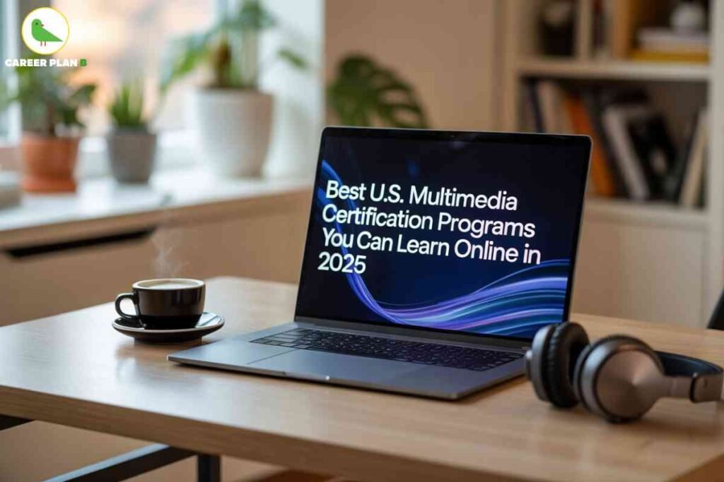 This image captures a modern and productive study or work setting, centered around a laptop placed on a wooden desk. On the laptop screen, the text reads *“Best U.S. Multimedia Certification Programs You Can Learn Online in 2025”*, indicating the focus is on digital learning opportunities in the multimedia field. Next to the laptop, a steaming cup of coffee sits on a saucer, symbolizing focus and energy, while a pair of headphones rests on the table, representing online learning or multimedia practice. The background features a cozy indoor environment with potted plants and a bookshelf, adding a warm, inviting atmosphere. In the top left corner, the **Career Plan B** logo is visible, identifying the source of the guide. Overall, the image conveys a sense of modern education, online learning flexibility, and career advancement through U.S.-based certification programs in multimedia, appealing to students and professionals aiming to upgrade their skills in 2025.