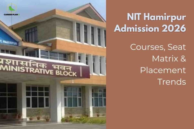A detailed campus and admission image for NIT Hamirpur Admission 2026, showing the modern administrative block with Hindi and English signage, potted plants, wide windows, and clear skies, alongside a brown background section with bold text stating “NIT Hamirpur Admission 2026: Courses, Seat Matrix & Placement Trends,” naturally emphasizing the admission process, available courses, seat allocation, and recent placement trends for 2026 entrants.