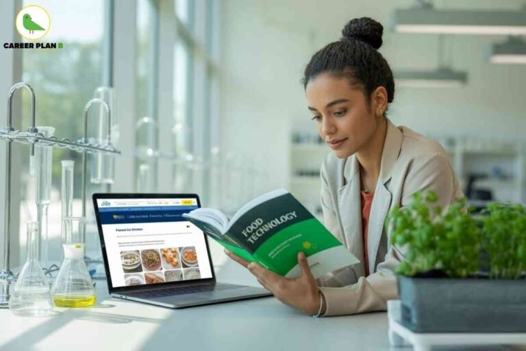 This image captures a modern learning environment focused on **Food Technology**. A young woman is seated at a laboratory-style workspace, attentively reading a green book titled *“Food Technology.”* On the table in front of her, there is an open laptop displaying images of various food items, suggesting research or an online course related to food science and processing. Surrounding the workspace are glass lab equipment such as flasks and beakers, some containing liquids, emphasizing the scientific aspect of food technology. To the right, a small tray of fresh green plants adds a touch of natural freshness, symbolizing the connection between science and nutrition. The overall setting combines elements of education, research, and practical application in the food industry. In the top left corner, the **Career Plan B** logo is visible, marking the source. The image effectively conveys the theme of modern education and career opportunities in the field of food technology and processing.