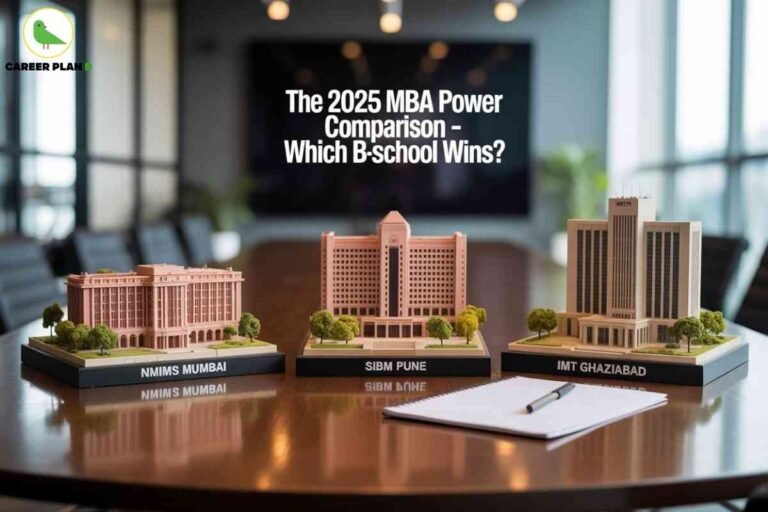 This image highlights a comparative theme focused on **top MBA B-schools in India for 2025**. It is set in a modern conference room, with three miniature architectural models of reputed institutions placed on a polished wooden table. From left to right, the models represent **NMIMS Mumbai**, **SIBM Pune**, and **IMT Ghaziabad**, each displayed with neatly designed nameplates. In front of the models lies a notepad with a pen, symbolizing decision-making, planning, and evaluation. The background features a blurred office setting with natural light, giving the image a professional and analytical atmosphere. At the top center, bold text reads: *“The 2025 MBA Power Comparison – Which B-school Wins?”*, emphasizing the purpose of evaluating these institutions. The **Career Plan B** logo in the top left corner signifies the source or publisher of the analysis. Overall, the image conveys a competitive and insightful approach to choosing the right MBA college, appealing to aspirants preparing for business school admissions.
