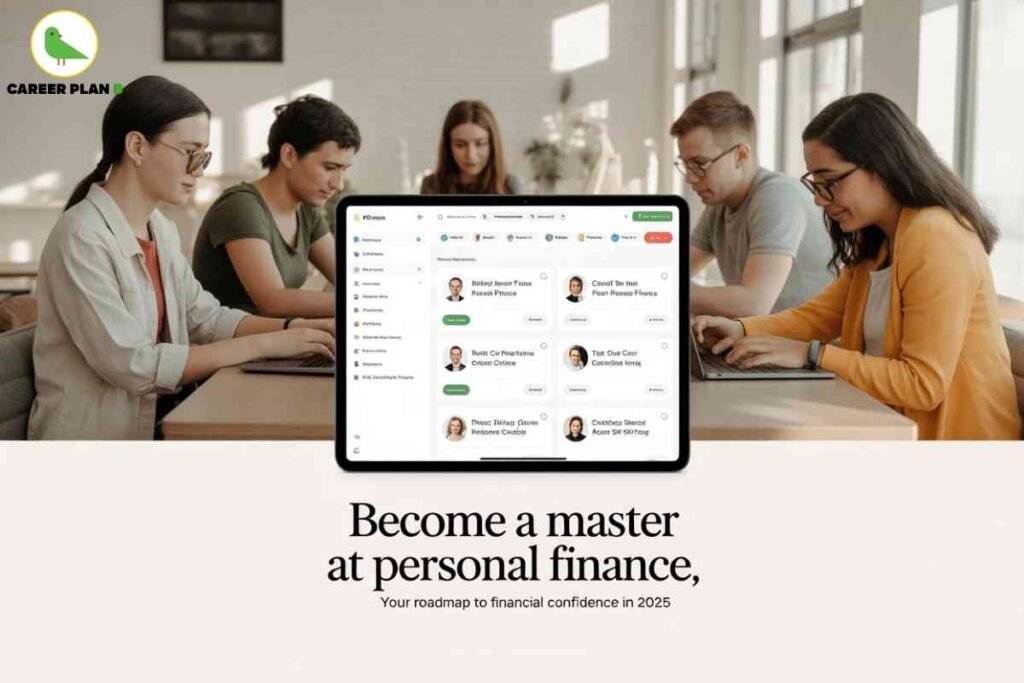 The image highlights the theme of mastering personal finance in 2025. It shows a group of young professionals working on their laptops, reflecting focus and learning in a collaborative environment. At the center, a digital tablet displays a financial management dashboard with profiles, categories, and tools, symbolizing modern digital solutions for smart money management. The text below reads, “Become a master at personal finance, your roadmap to financial confidence in 2025,” emphasizing the importance of gaining financial literacy and control. The Career Plan B logo in the top-left corner reinforces the source, while the overall design blends real-life learning with digital tools to promote confidence and growth in financial planning.
