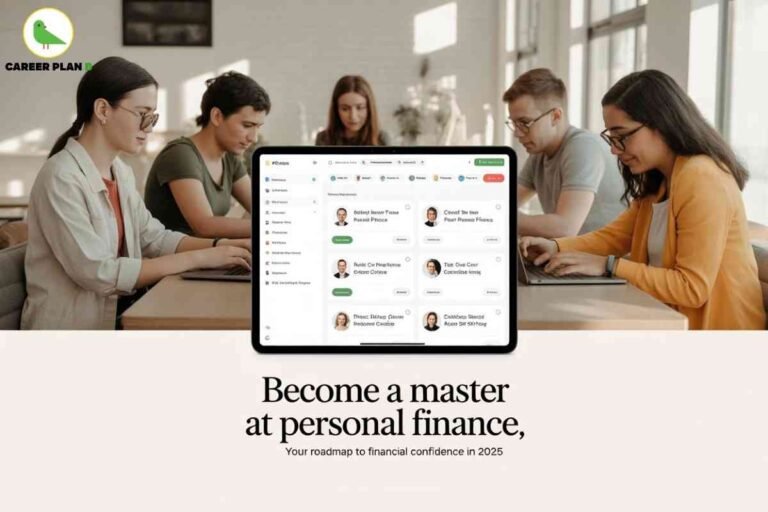 The image highlights the theme of mastering personal finance in 2025. It shows a group of young professionals working on their laptops, reflecting focus and learning in a collaborative environment. At the center, a digital tablet displays a financial management dashboard with profiles, categories, and tools, symbolizing modern digital solutions for smart money management. The text below reads, “Become a master at personal finance, your roadmap to financial confidence in 2025,” emphasizing the importance of gaining financial literacy and control. The Career Plan B logo in the top-left corner reinforces the source, while the overall design blends real-life learning with digital tools to promote confidence and growth in financial planning.