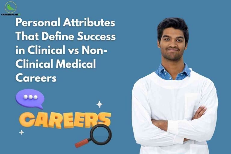 A medical professional wearing a white coat stands with arms crossed against a blue background. The image features large headline text about personal attributes that define success in clinical vs non-clinical medical careers. A purple chat bubble and a yellow "CAREERS" banner with a magnifying glass highlight the theme of choosing a medical specialty. The Career Plan B logo is displayed at the top left.