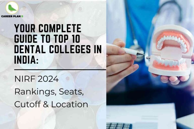 This image serves as an informational graphic aimed at students aspiring to pursue dental education in India. It highlights a comprehensive guide to the top 10 dental colleges in India based on the NIRF (National Institutional Ranking Framework) 2024 rankings. The left side of the image contains bold, attention-grabbing text that reads: “Your Complete Guide to Top 10 Dental Colleges in India: NIRF 2024 Rankings, Seats, Cutoff & Location,” indicating that the content offers detailed insights into the best institutions, including seat availability, cutoff scores, and geographical locations. The top-left corner features the logo of “Career Plan B,” the likely creator or publisher of the guide. The background subtly incorporates dental tools or discs, reinforcing the dental theme. On the right side, there is a visual of a healthcare professional, likely a dentist or student, holding a dental model and a dental probe. This person, dressed in medical attire with a stethoscope around the neck, is demonstrating dental anatomy, emphasizing the academic and clinical aspect of dentistry. The overall composition suggests that the guide is a helpful resource for students making informed decisions about dental college admissions in India.