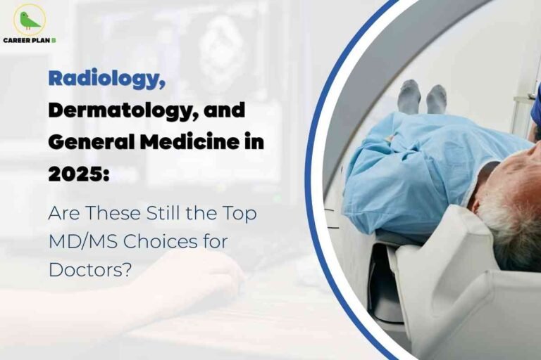The image features a split layout. On the left, large bold text reads: “Radiology, Dermatology, and General Medicine in 2025: Are These Still the Top MD/MS Choices for Doctors?” with "Radiology" in blue for emphasis. On the right, there is a photo of a patient undergoing a medical imaging scan, symbolizing advances in medical specialization. The Career Plan B logo with a green bird inside a yellow circle appears at the top left. This visual addresses the ongoing popularity and relevance of top MD/MS specializations for doctors, particularly radiology, dermatology, and general medicine, as of 2025.