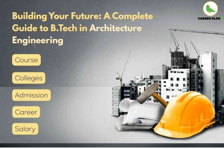 The image is a promotional banner for a guide to B.Tech in Architecture Engineering. On the left side, it features the main heading, “Building Your Future: A Complete Guide to B.Tech in Architecture Engineering,” written in bold yellowish text over a dark grey textured background. Below the heading, five yellow rounded-rectangle buttons list the key topics covered: Course, Colleges, Admission, Career, and Salary. The right side showcases a construction-themed background with high-rise buildings under construction, visible cranes, and scaffolding, symbolizing the field of architecture and engineering. In the foreground, there is a bright yellow safety hard hat, rolled architectural blueprints, and a hammer, representing safety, planning, and practical construction work. At the top right corner, the Career Plan logo appears with a green bird icon and the brand name in black and green text. The overall theme blends design and construction visuals to convey a professional, career-oriented message about studying architecture engineering.