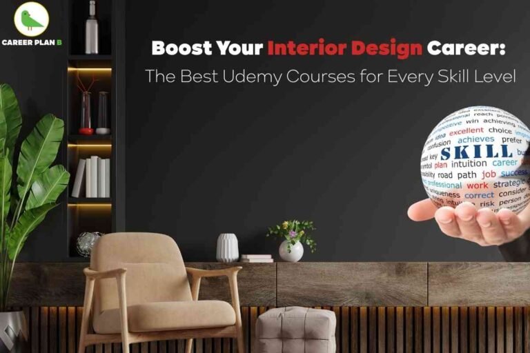 An image displays a stylish modern interior with a beige armchair, a soft gray ottoman, and a wooden cabinet adorned with a small white vase of flowers and minimalist decor items. Tall green leaves in a silver pot add a fresh touch to the left side, while an illuminated shelving niche features books and decorative bottles. Against the dark wall, bold text reads “Boost Your Interior Design Career: The Best Udemy Courses for Every Skill Level,” clearly emphasizing resources for top Udemy course for interior design. On the right side, a hand gently holds a round ball covered in motivational words like skill, professional, and career, reinforcing the theme of personal growth and building expertise in interior design. The Career Plan B logo with a green bird is visible in the top left corner.