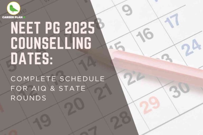 Informative announcement banner for NEET PG 2025 Counselling Dates and Schedule, created by Career Plan B. The top left features the Career Plan B logo—a green bird with “CAREER PLAN B” written below. Dominating the left half, bold sand-colored headline text states: “NEET PG 2025 Counselling Dates: COMPLETE SCHEDULE FOR AIQ & STATE ROUNDS.” The background displays a close-up of a calendar page, numbers in blue and pink, with a pink pencil lying diagonally across several dates—symbolizing planning, deadlines, and application timelines. The right side is brighter and unmasked, focusing on clarity and the importance of key dates. The visual is designed to inform prospective medical PG candidates about the comprehensive MCC and state quota counselling schedule for NEET PG 2025, emphasizing registration rounds, seat allotment, and reporting, without any reference to faces or personal physical features.