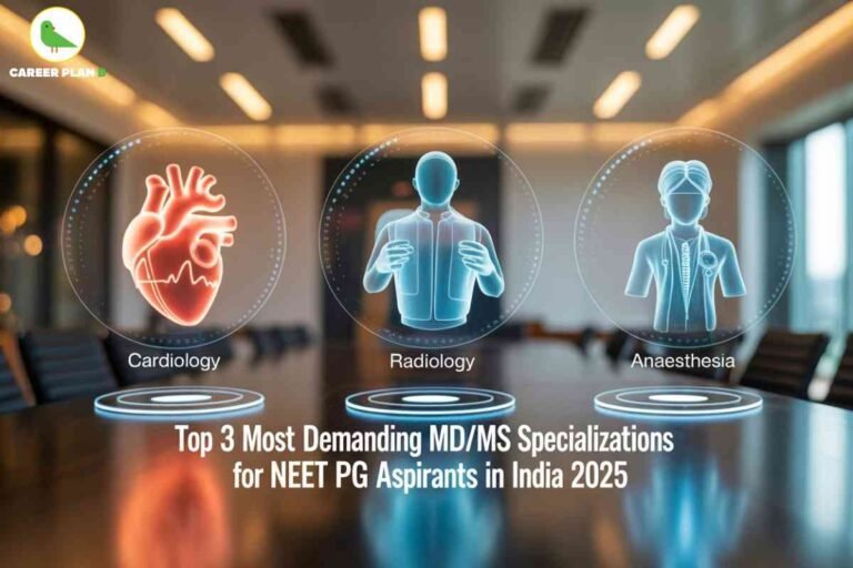 This image presents a futuristic infographic that highlights the top three most demanding MD/MS specializations for NEET PG aspirants in India in 2025. Designed with a holographic theme, it showcases three fields: Cardiology, represented by a glowing red human heart with an ECG line to symbolize the rising demand for heart specialists; Radiology, depicted with a blue hologram of a figure wearing a protective apron, signifying the crucial role of diagnostic imaging such as X-rays, MRIs, and CT scans; and Anaesthesia, illustrated by a medical professional hologram with a stethoscope, reflecting the importance of anesthesiologists in surgeries and critical care. The background appears as a modern conference room, giving the design a sleek and professional touch, while the bold text at the bottom emphasizes the relevance of these specializations for aspiring doctors preparing for NEET PG 2025.