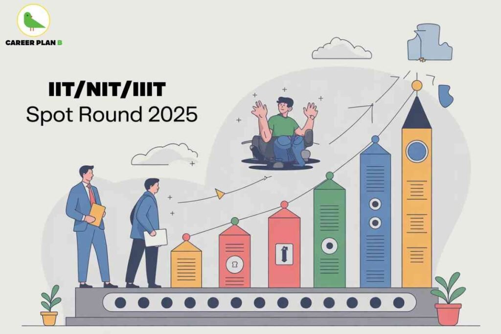 Informative banner about IIT, NIT, IIIT spot round admission guidance for 2025, created by Career Plan B. The top left features the Career Plan B logo—a green bird and brand name. Centered at the top, bold black headline text reads: “IIT/NIT/IIIT Spot Round 2025.” The main illustration shows two professionally dressed candidates carrying files, stepping onto an upward-trending chart of colorful vertical bars—the bars feature icons representing selection, admission, and advancement. At the peak of the graph, a student in a green t-shirt sits cross-legged, arms raised in excitement, symbolizing successful admission after the spot round. Background elements include clouds, upward arrows, and stylized buildings, emphasizing growth, opportunity, and hope for students seeking final admission chances in premium engineering institutes. The overall composition is visually encouraging and aspirational, focusing on late-stage engineering admissions and success, without referencing any facial features.
