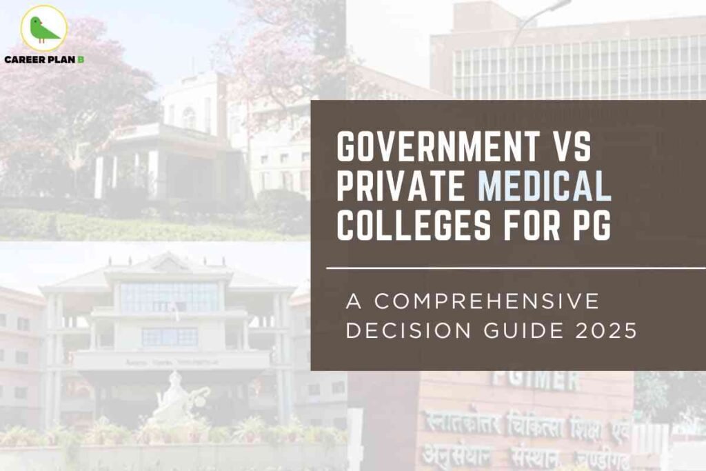 Informative banner comparing government vs private medical colleges for postgraduate (PG) medical education in 2025, created by Career Plan B. The top left features the Career Plan B logo—a green bird inside a yellow circle and the brand name. Prominently on the right, bold white headline text reads: “Government vs Private Medical Colleges for PG,” with “Medical” in light blue for emphasis. The lower section carries the subheading: “A Comprehensive Decision Guide 2025.” The background consists of faded images of iconic medical college buildings—one representing a government institution and another a private medical university—highlighting choice and diversity. The overall design visually communicates comparison, academic guidance, and informed decision-making for PG medical aspirants, maintaining a professional tone with no reference to personal appearance or facial features.
