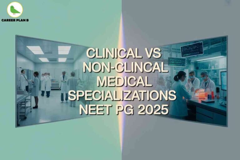 Informative educational visual comparing clinical vs non-clinical MD specializations for NEET PG 2025, created by Career Plan B. The background is divided into two halves: the left features a brightly lit hospital room with multiple doctors in white coats interacting and examining patients, symbolizing hands-on patient care typical of clinical fields. The right half depicts a modern laboratory where medical professionals in lab coats work with test tubes and computer screens, highlighting research, diagnostics, and academic activities representative of non-clinical branches. Bold, large headline text centered in the image reads: “CLINICAL VS NON-CLINICAL MEDICAL SPECIALIZATIONS NEET PG 2025,” emphasizing the decision medical graduates make regarding their specialization. The top left corner displays the Career Plan B logo—a green bird within a white circle and brand name. The visual encapsulates the difference: clinical MDs involve direct patient diagnosis/treatment (fields like General Medicine, Pediatrics, Surgery), while non-clinical MDs focus on academics, research, diagnostics, and administration (subjects like Anatomy, Physiology, Pharmacology, Microbiology), with no reference to facial features or personal attributes.