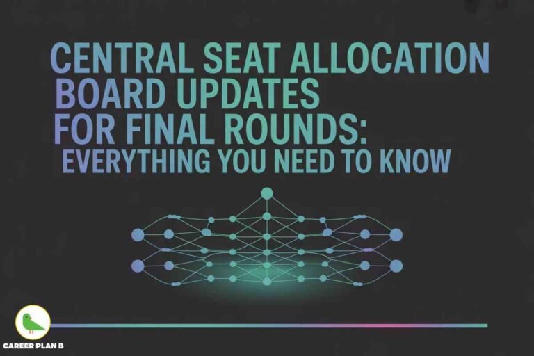 The image is a digital graphic with a dark background and gradient-colored text in shades of blue, purple, and green. The main text reads: **“CENTRAL SEAT ALLOCATION BOARD UPDATES FOR FINAL ROUNDS: EVERYTHING YOU NEED TO KNOW.”** Below the text, there is a stylized network diagram consisting of interconnected circular nodes, representing a flow or system of connections. At the bottom-left corner, there is a small circular logo featuring a green bird on a white background, with the words **“CAREER PLAN B”** written in bold white text next to it. The overall design gives a modern, informative, and tech-oriented look, likely intended for students or candidates interested in seat allocation updates for educational institutions.