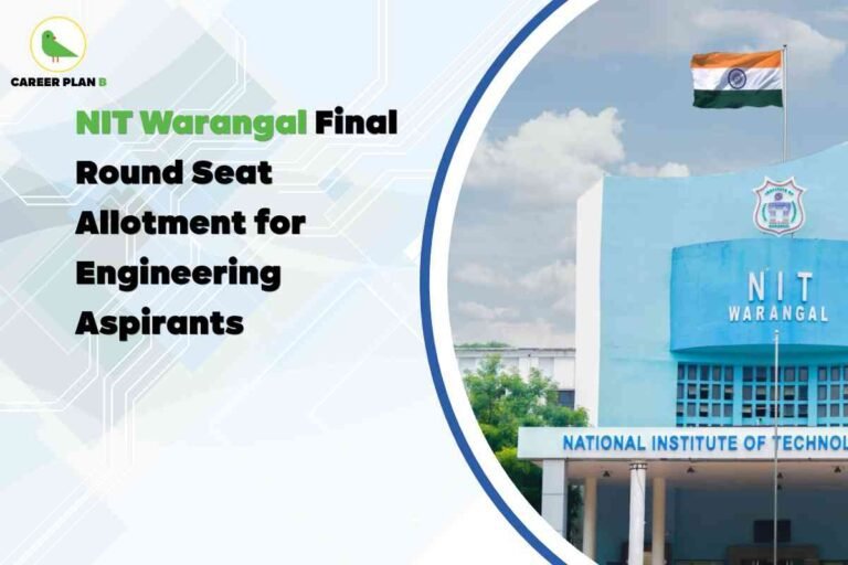 The image is a promotional graphic featuring **NIT Warangal**. On the left side, it has text in bold that reads: **“NIT Warangal Final Round Seat Allotment for Engineering Aspirants.”** The words *NIT Warangal* are highlighted in green, while the rest of the text is in black. Above this, in the top-left corner, there is the **Career Plan B** logo, which includes a green bird inside a circle and the brand name written beside it. On the right side of the image, there is a photograph of the **NIT Warangal building** with the name prominently displayed on the blue structure. Above the building, the **Indian national flag** is hoisted, flying against a partly cloudy sky. The bottom part of the building also shows the full name: **“National Institute of Technology.”** The overall design blends a professional layout with an academic tone, aimed at informing engineering aspirants about the final seat allotment process.