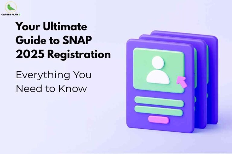 The image provides an informational visual about the SNAP 2025 registration process. The background is a light gradient of purple and blue, creating a modern and soft aesthetic. In the top left, the "Career Plan B" logo—a green bird inside a yellow circle with the organization's name in black and green text—is present. On the left, large bold black text reads: "Your Ultimate Guide to SNAP 2025 Registration Everything You Need to Know," emphasizing the purpose of the guide. On the right side, there is a stylized 3D illustration of purple and green digital profile cards stacked behind each other, with user icon graphics in white and feature buttons in pink and green, visually suggesting online registration or account creation. The image overall communicates a comprehensive guide to SNAP exam registration steps for 2025 aspirants.