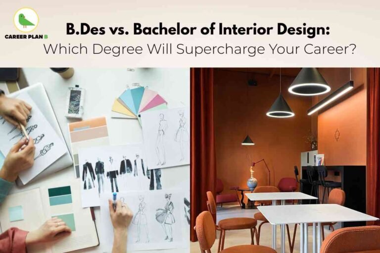 An image is divided into two halves to illustrate a comparison between B.Des and Bachelor of Interior Design. On the left half, hands are seen sketching fashion illustrations and working with color palettes, fabric swatches, and design samples on a white desk, highlighting creative aspects of design education. On the right half, there is a modern interior scene featuring an elegantly styled room with warm orange walls, contemporary lighting fixtures, cozy chairs, and white tables, representing the core of interior design practice. At the top left, the Career Plan B logo with a green bird in a yellow circle is prominent. Bold headline text asks “B.Des vs. Bachelor of Interior Design: Which Degree Will Supercharge Your Career?” naturally focusing on the theme of B.Des vs Interior Design.
